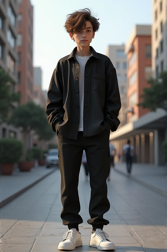A teenage boy wearing a black shirt like a jacket, black trousers, white shoes, brown hair, no beard