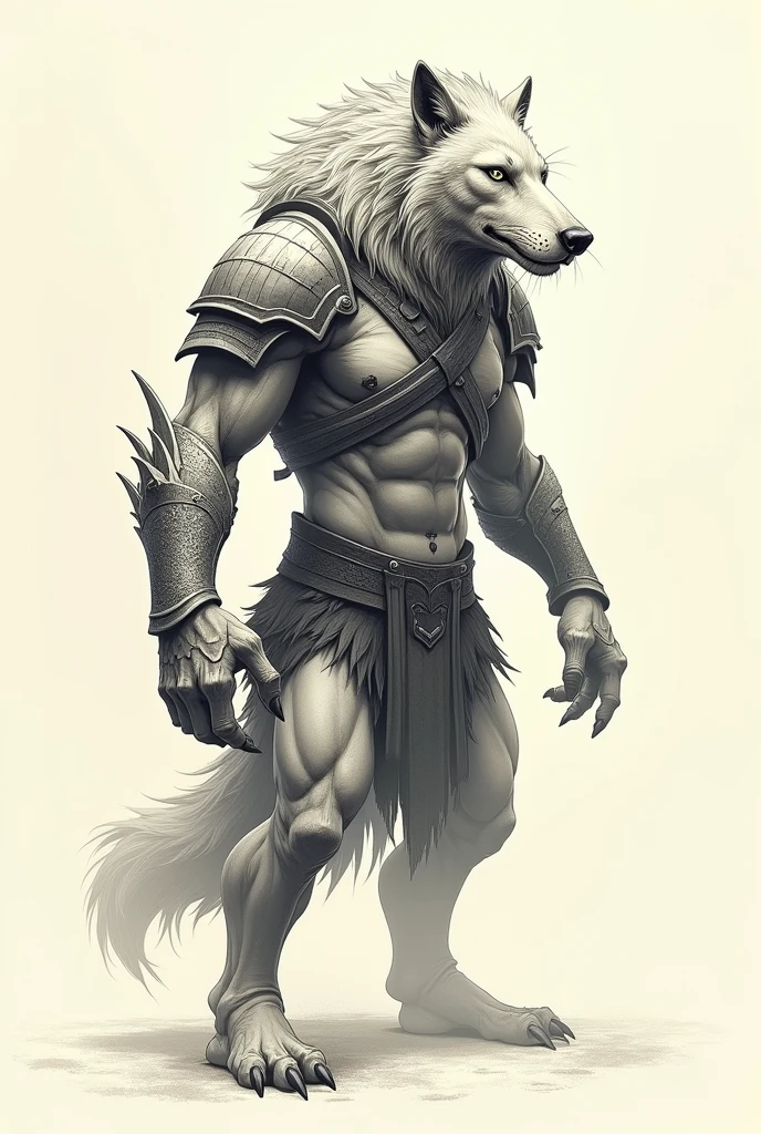 Guardian Animal Tattoo with Rudimentary Armor,ready to defend,offwhite,stark,tatoo,wolf with lion's mane,humanoid body,head proportional to the body