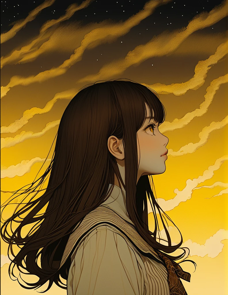 Vintage,junji ito style,sleeved,no bubbles,dark atmospher,yellow fog,inert girl,girl profile,brown eyes, fair skin,brown hair long hair,social clothes,Youngh,moonlight background,eyes in the background