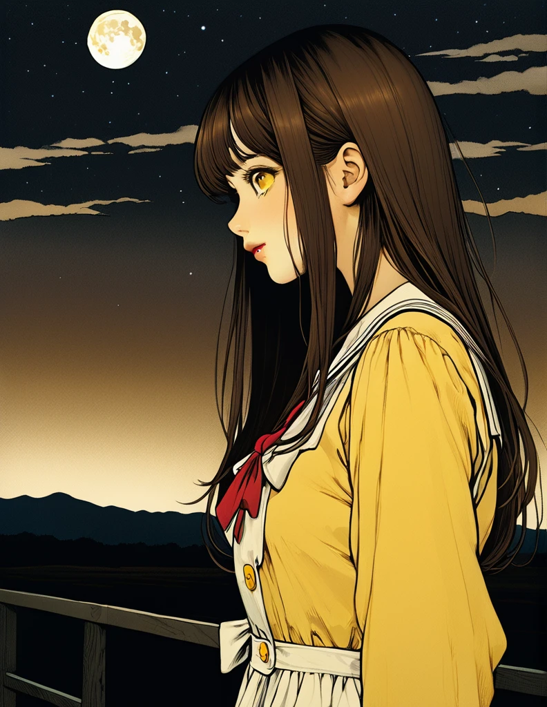 Vintage,junji ito style,sleeved,no bubbles,dark atmospher,yellow fog,inert girl,girl profile,brown eyes, fair skin,brown hair long hair,social clothes,Youngh,moonlight background,eyes in the background 