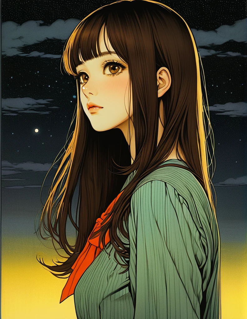 Vintage,junji ito style,sleeved,no bubbles,dark atmospher,yellow fog,inert girl,girl profile,brown eyes, fair skin,brown hair long hair,social clothes,Youngh,moonlight background,eyes in the background