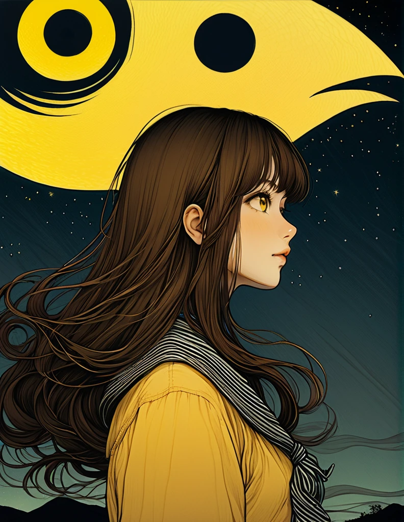 Vintage,junji ito style,sleeved,no bubbles,dark atmospher,yellow fog,inert girl,girl profile,brown eyes, fair skin,brown hair long hair,social clothes,Youngh,moonlight background,eyes in the background