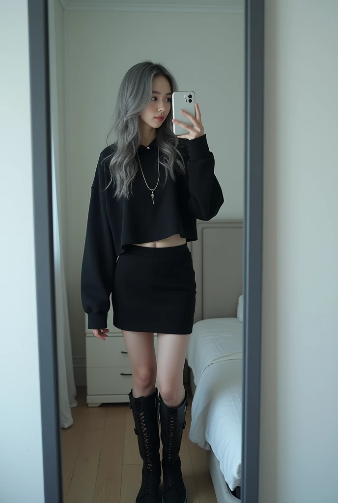 highly detailed, beautiful, hyper Realistic girl, masterpiece, best quality, Depict a mysterious and sophisticated beautiful Japanese gravure model,, 28-years-old, identity hidden, all body shot, / gray arranged hair, small head, Detailed face, cute and Pretty slim face, wide Duck mouth, perfect beautiful Tooth, arranged gray hair, shiny eyes, blue-colored eyes, Realistic skin, Detailed face, / A chic and minimalist cyberpunk jogger ensemble:
Top: A black cropped hoodie made from soft, high-quality sweat material, cinched at the waist to reveal the navel. The hoodie is unembellished, with a high collar and zippered front, offering a clean and modern aesthetic.
Bottom: A knee-length, fitted skirt in matching black sweat material, designed for a sleek and simple silhouette.
Footwear: Sleek black ankle boots with subtle synthetic overlays and neon blue soles, blending comfort with a touch of futurism.
Accessories: A thin, simple silver necklace at the neck, complemented by delicate silver bracelets on the wrists and small silver stud earrings, all understated and refined to maintain the minimalist vibe. //// simple white single room, gray frame mirror, complicated background /// takes a selfie in her room using a smartphone in front of a mirror with one hand, standing and sexy Posing, all body below shot, focus shoes, looking away from the camera,