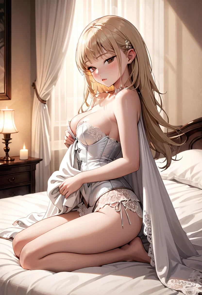 elf beauty sleeping on her side, blonde silky straight hair with blunt bang, (attractive and seductive) and (amorous and lewd) expression, pink cheeks, glamorous proportions, wearing white lace corset, white clean towel blanket, towel blanket draped over her lower body, pillow, and a bed with sheets, background dim candlelight room, conceptual installation art, (ultra detailed, absolutely resolution, best quality:1.3), 2.5D, sepia retro filter processing, delicate and dynamic effects, shading effects, contrast effects, artistic, hyper, graphic CG digital art