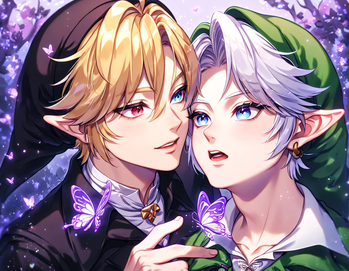 absurdres, highres, ultra detailed, HDR, master piece, best quality, extremely detailed, detailed eyes, Dark Link, white hair, expressive red eyes, The Legend Of Zelda Ocarina Of Time, Link, blonde hair, expressive blue eyes, two sexy men together, gay couple, yaoi, handsome, black tunic, black hat, green tunic, green hat, under a purple tree, fantasy, magical, purple glittering fireflies, purple butterflies, purple flames, glass magic, purple leaves
