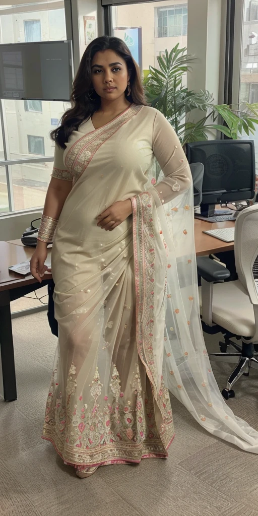 Day scene, A radiant, full-figured South Indian 3 aunty a cream colour chiffon fully transparent kurta, and leggings, ,standing, in a office captured in a full-body image with vibrant hues and meticulous details. Full body image