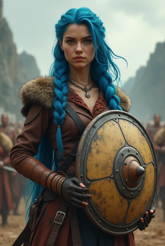 A young lady with braids and blue hair with a shield and a corncob drawing next to it ready for battle