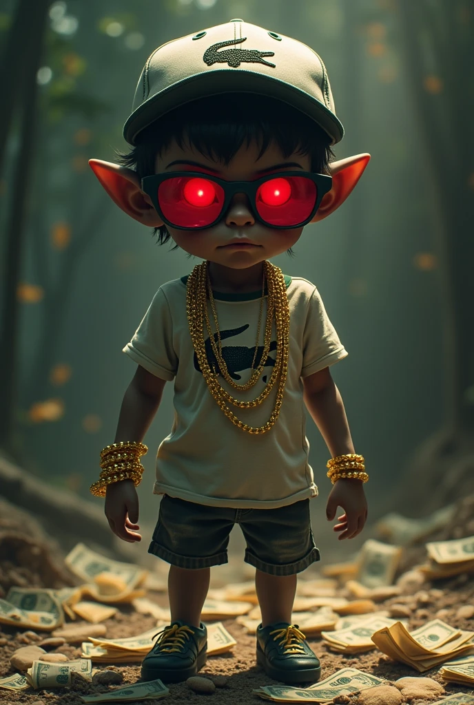 One-legged Saci-Perere from Brazilian folklore, terrifying with gold chains, money and Juliet glasses, ruby lens, Lacoste t-shirt and Oakley cap