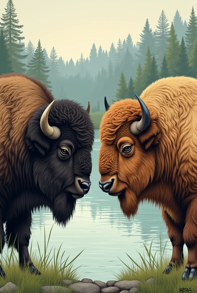 Certainly! Here’s a prompt for a drawing:
"Create a detailed drawing of two buffaloes facing each other, seen up close, near a tranquil lake. Illustrate the buffaloes with one having dark fur and the other lighter fur, capturing their expressions and the texture of their fur. Position them so they are almost touching, with gentle ripples in the calm water reflecting light. Include surrounding elements like tall grass and plants near the lake's edge. In the background, sketch a dense, green forest, keeping it subtle to highlight the buffaloes and the water."