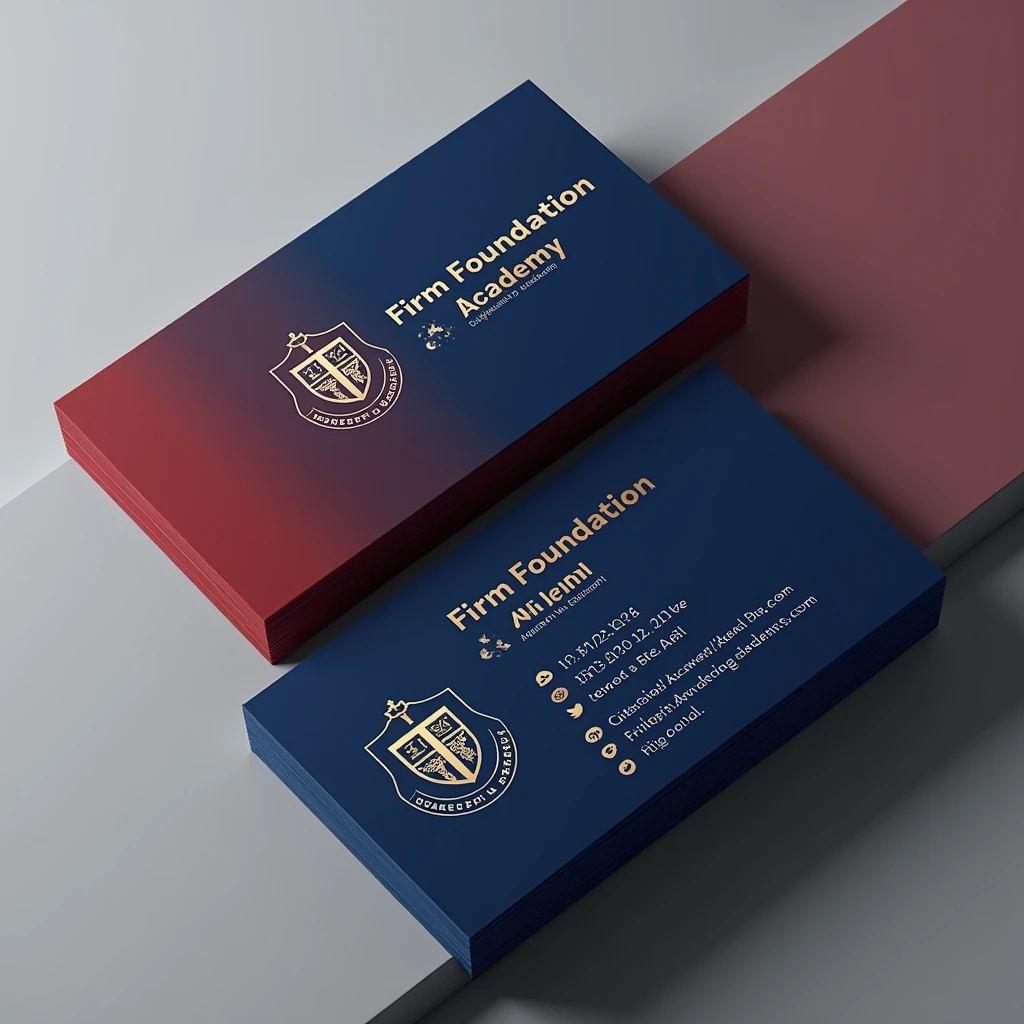 Design a business card for "Firm Foundation Academy," a college with the slogan "Diligent in Learning." The card should feature a logo that resembles a traditional school badge, incorporating elements like a shield, book, or torch to symbolize knowledge and learning. Use royal blue and red as the primary colors. The overall design should evoke a sense of professionalism and academic excellence.