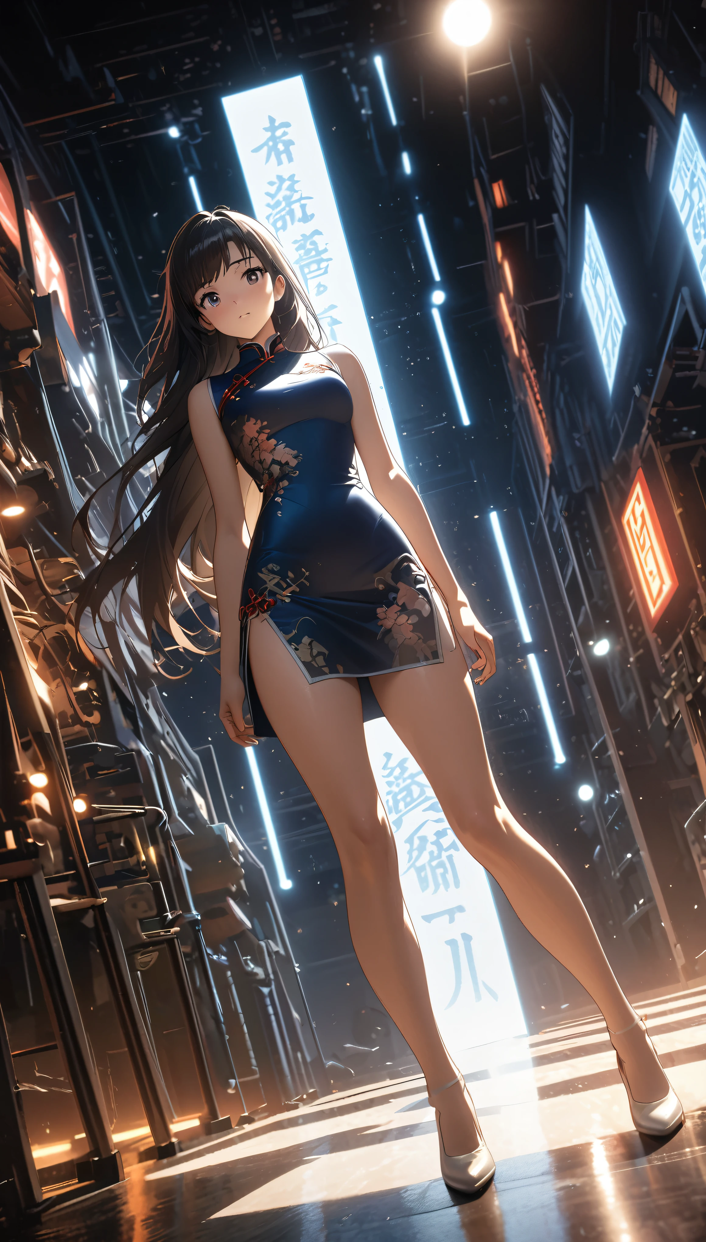 Cheongsam Girl,Long Hair,Pure white background,Depth of written boundary,Low angle view,Calf Level View,Overclocked Renderer,Cinema Lighting,Ultra-fine,Very detailed,complicated,Cinematic Perspective,CG Art,Side zipper