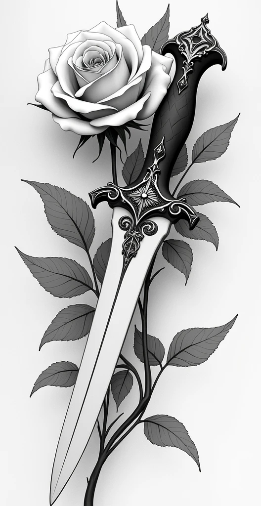 Dagger with Organic Details: The dagger would have a long, thin blade, stylized with soft curves, reminiscent of the characteristic flow of Art Nouveau. The dagger handle could have floral details or light arabesques, maintaining elegance and ornamentation without exaggeration. The lines would be defined and bold, In the Neo-traditional style, with subtle shading to create depth.
Cut Rose: The rose would be cut by the dagger blade, Split in half, with the petals falling gently. The petals would also follow the Art Nouveau style., with sinuous and delicate lines that evoke fluidity and movement.
Fluidity and Simplicity: The design would not need many intricate details; the focus would be on the clean lines and the contrast between the strength of the dagger and the delicacy of the rose. The dagger piercing the rose would symbolize duality – strength and beauty – and the style would maintain a balance between the artistic and traditional look..