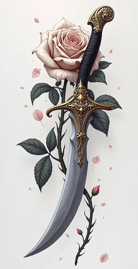 Dagger with Organic Details: The dagger would have a long, thin blade, stylized with soft curves, reminiscent of the characteristic flow of Art Nouveau. The dagger handle could have floral details or light arabesques, maintaining elegance and ornamentation without exaggeration. The lines would be defined and bold, In the Neo-traditional style, with subtle shading to create depth.

Cut Rose: The rose would be cut by the dagger blade, Split in half, with the petals falling gently. The petals would also follow the Art Nouveau style., with sinuous and delicate lines that evoke fluidity and movement.

Fluidity and Simplicity: The design would not need many intricate details; the focus would be on the clean lines and the contrast between the strength of the dagger and the delicacy of the rose. The dagger piercing the rose would symbolize duality – strength and beauty – and the style would maintain a balance between the artistic and traditional look..