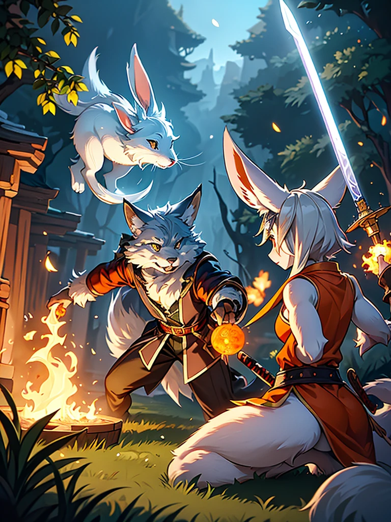 (Mucha style:0.8) , Shallow focus , furry , Adventure fantasy , battle scene , (the magician old silver wolf) , (with the droopy-eared swordsman orange rabbit girl) , The Swordsman supports the Magician while he is casting a spell.
