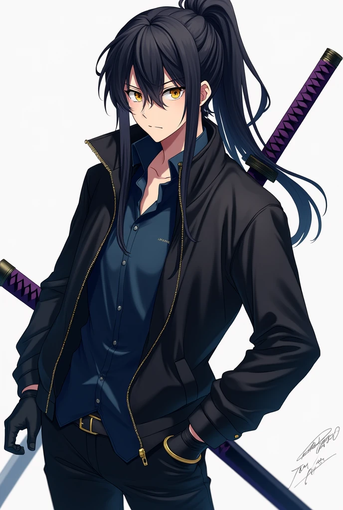Create a male anime-style character with black hair covering his left eye a little, a big ponytail, big yellow eyes, Men&#39;s black windbreaker jacket with dark blue shirt, black gloves, black pants with men&#39;s black boots, with a purple-handled katana on his back.