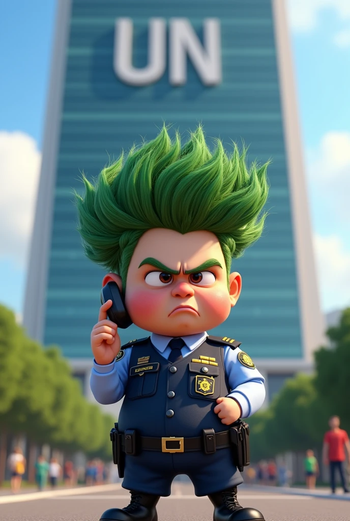 create a pixar style image of a white skinned man with pine branch hair, with an angry face, Short man in police clothes with a phone in his hand and standing at the headquarters of the United Nations where the UN is written