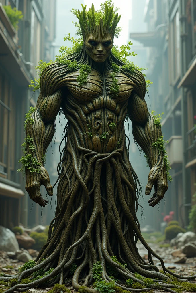 Generate like groot in marvel but he is full of like many roots
Color: green and brown 
Outfit: cyberpunk body big with clear and not hidden print "NEL"