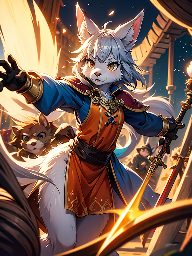 (Mucha style:0.8) , Shallow focus , furry , Adventure fantasy , battle scene , (the magician old silver wolf) , (with the droopy-eared swordsman orange rabbit girl) , The Swordsman supports the Magician while he is casting a spell.