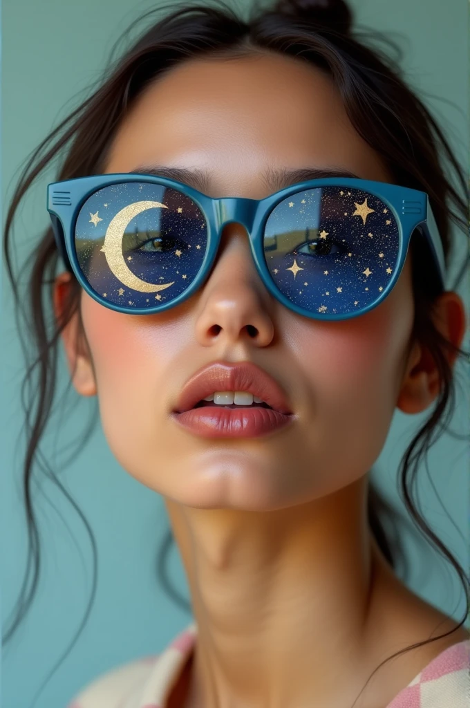 The model is wearing glass sunglasses with stars and the moon on the glass