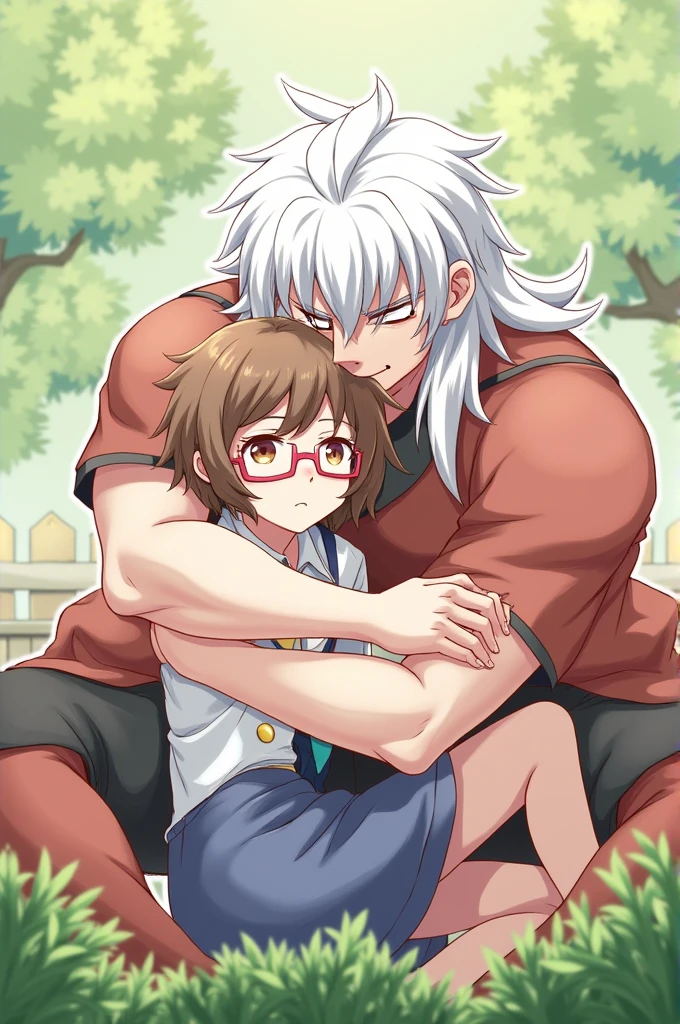 Itto from Genshin Impact hugs a girl with short hair down to her neck and pink glasses