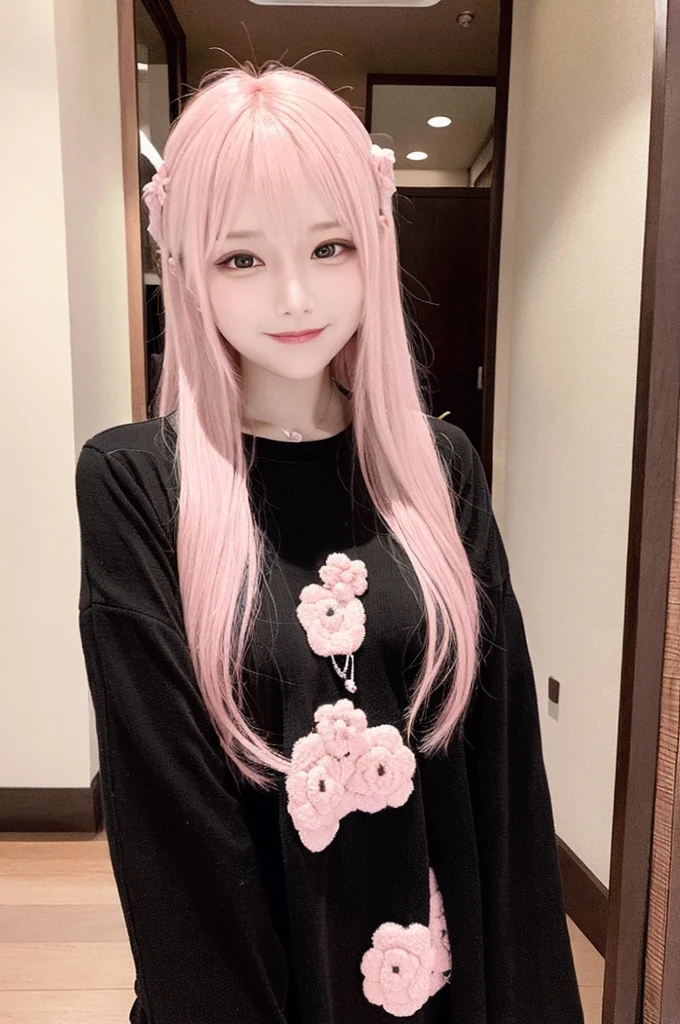 quality, 超Realistic, (Realistic:1.3)、highest quality、Ultra-high resolution、SLR、instagramart、Very delicate、Look at the viewers、Japan 1 woman(Pink Hair、black eye、Huge 、adorable)、Yukawa、middle Breasts、Natural smile