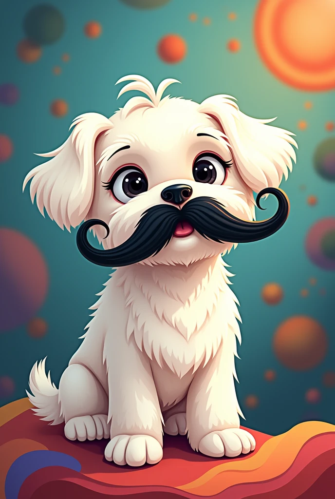 Cartoon of a white Maltese dog with a mustache like Salvador Dali