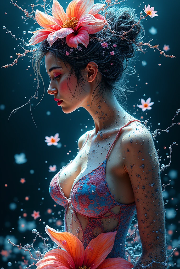 Colorful Abstract Art of Ink Forming a People, Lighting, Sub-Surface Scatterring, Glow, Award-winning Underwater Ink Art by Alberto Seveso, japanese anime, realistic, surreal, ((japanese woman)), portrait, absurdres,highres,ultra detailed,ultra-detailed background,detailed background,extremly detailed,1girl,bunch of flowers,(zentangle:1.2),(geometric:1.2) multi-colored color palette, monochromatic, big , cleavage, sideboob, lingerie, realistic depiction, arms behind back, kaleidoscopic, multidimensional, ethereal glow, captivating uniqueness, surreal juxtapositions, visual symphony, unforgettable visual narrative, edgy, mathematical, simple-shaped vectors, highly modern, stylistic, polygonal abstraction, vector art, bold lines, minimalist color scheme, digital art, abstract geometry