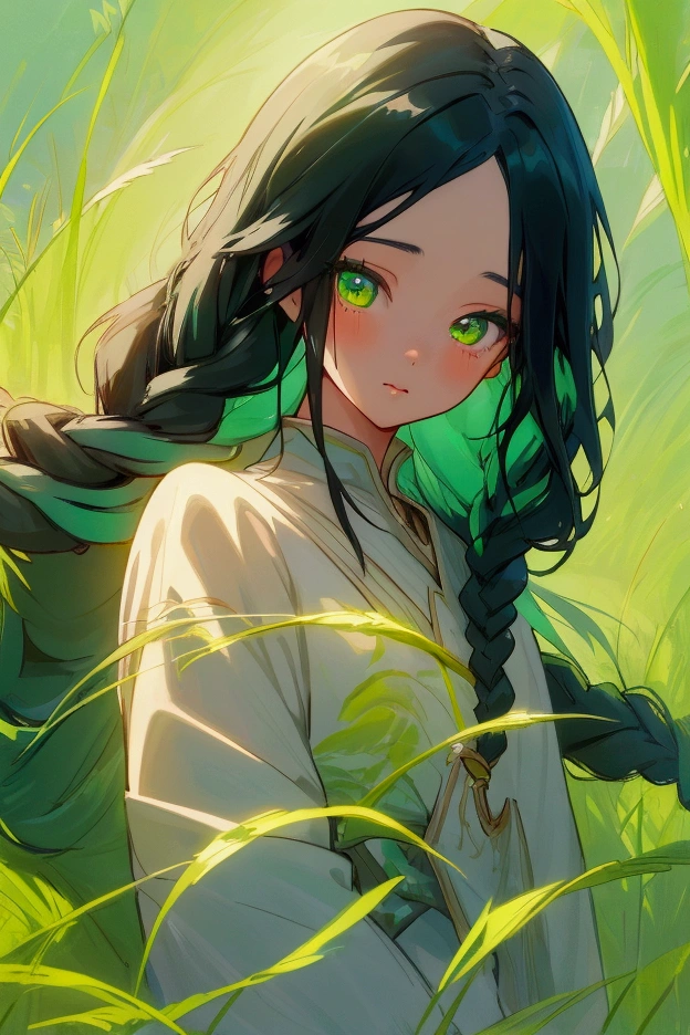 a beautiful young anime girl with long flowing black hair, some of her hair is braided with small grass green braids, detailed green eyes, intricate facial features, high quality, digital painting, vibrant colors, cinematic lighting, fantasy, elegant, serene, dreamlike, ethereal