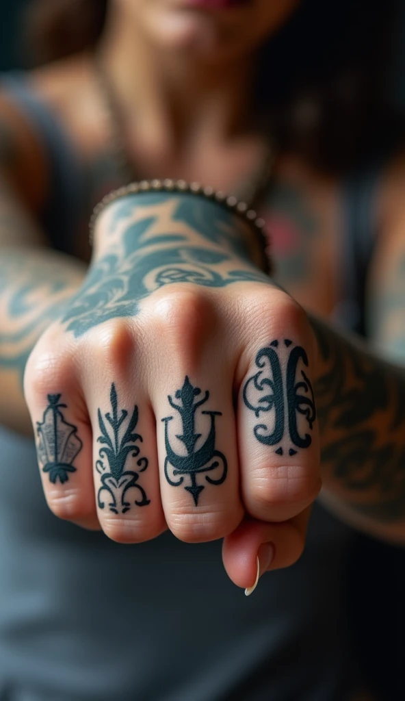 Close-up of a woman's tattooed hand, Show two knuckles to the audience, There are letters tattooed on each finger,Spell a word "1+1"