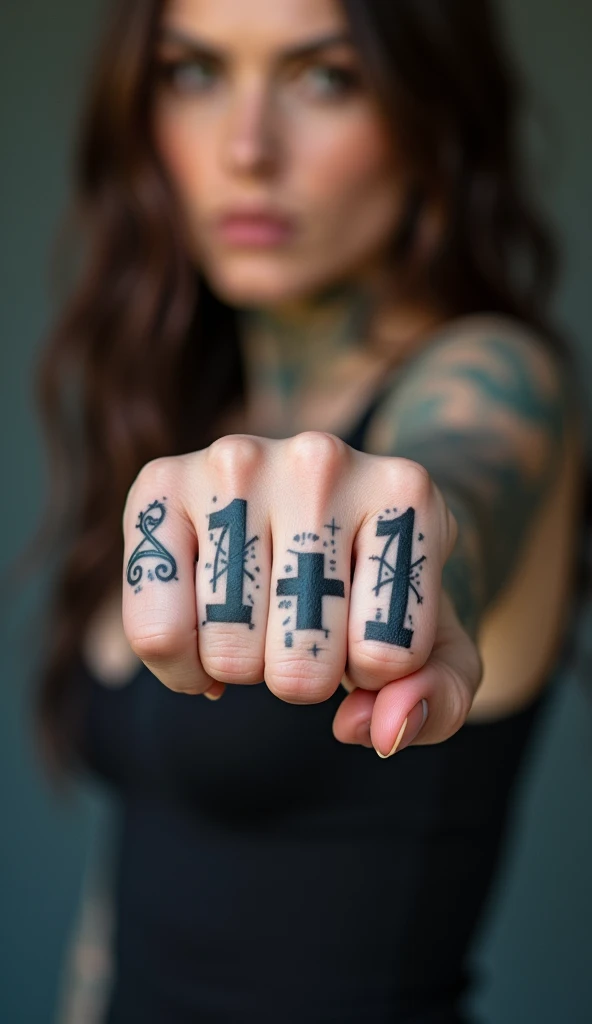 Close-up of a woman's tattooed hand, Show two knuckles to the audience, There are letters tattooed on each finger,Spell a word "1+1"