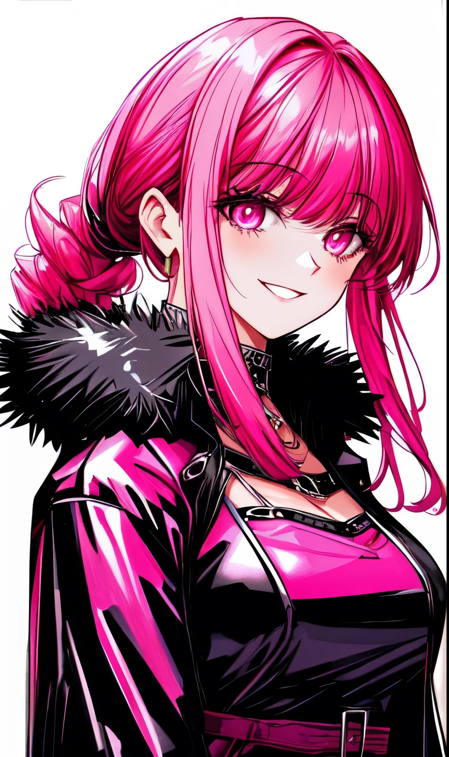 A beautiful gothic woman with long hot pink hair (haircut with bangs and ponytail), Latin eyes, smiling sweetly, wearing a stylish cyberpunk neon pink dress and a long fur jacket, Empty background of candlelit medieval street