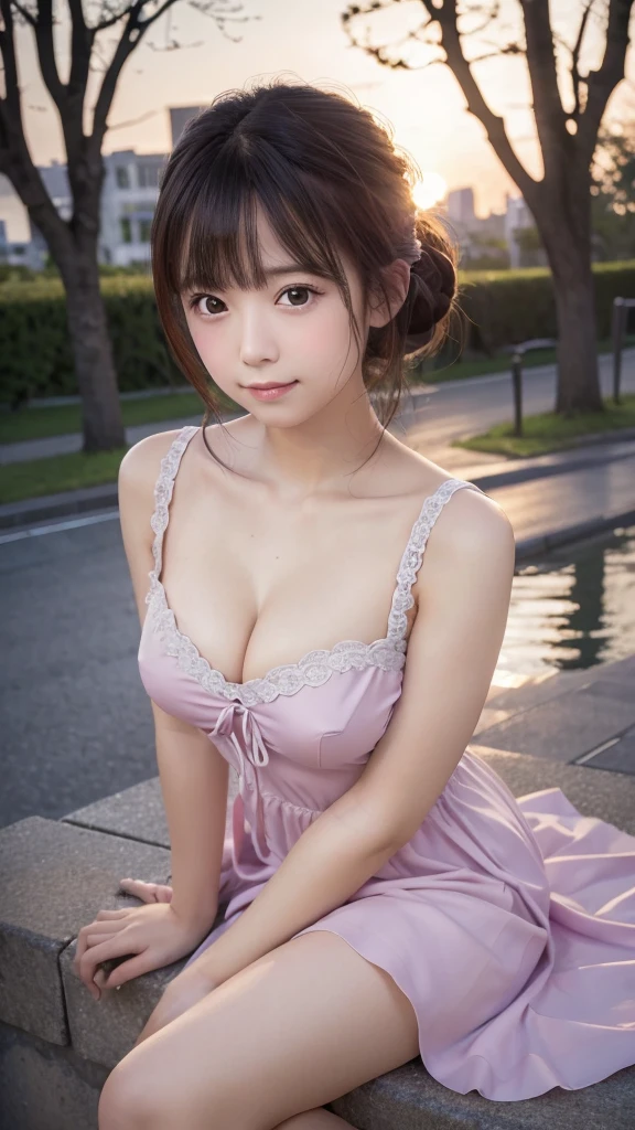 (Highest quality,8K quality,masterpiece:1.3),(Ultra-high resolution,Photorealistic:1.4,RAW Photos),(Very delicate,Caustics,Detailed Background),(Ultra-Realistic Capture,Fine and beautiful skin,Perfect Anatomy), in the evening,Evening sky,Tokyo,In town,1,cute,single eyelid,Purple Dress,Private Server,Looking at the camera,Natural soft light