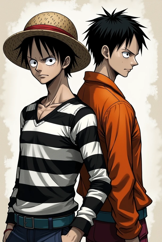 Monkey D. Luffy in a black and white striped long-sleeved prison uniform and Monkey D. .... Luffy in orange long sleeve prison uniform Original anime One Piece