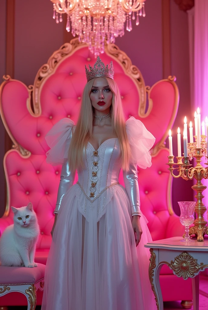 (full body shot:1.3) Only neon pink lighting everywhere. A drunk woman queen with careless expression in a (white 0:9 pink 1:0 dress) standing carelessly beside a (all pink throne 1:1) with a rose golden crown with pink cristals 1:1 litle to the left side on her head, (white cat) sitting in a Xtra small pink sofa, (pink bird) sitting on the pink thrown an elegant gothic princess, striking pose, gothic princess portrait, silk drape on floor, night scene, beautiful vampire female ice queen, her crown with pink sparkling cristals gothic regal, white ice queen with bright detailed big blue eyes, red lipstick smudge from lips her on to her cheek, black maskara leeking down her beautiful face, light blonde long hair, medieval fantasy, sitting on white intricate throne, wearing a white lace silk gothic dress many layers below waist, beautiful elegant queen, lovely white winter princess, a beautiful fantasy empress, beautiful vampire queen. Princess, a beautiful fantasy empress, beautiful vampire snow queen. Night ARRI ALEXA 65, 50mm lens, dynamic pink lighting, pink cristal chandelier hanging from the roof 1:1, blue cristal gold gothic medieval candle sticks on a white table medieval style. Cristal wine glasses on it's side and another one half empty. Whole set medieval gothic style. Wide scene. Cind a silly wild setup.
