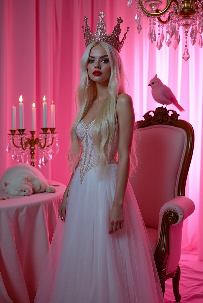 (full body shot:1.3) Only neon pink lighting everywhere. A drunk woman queen with careless expression in a (white 0:9 pink 1:0 dress) standing carelessly beside a (all pink throne 1:1) with a rose golden crown with pink cristals 1:1 litle to the left side on her head, (white cat) sitting in a Xtra small pink sofa, (pink bird) sitting on the pink thrown an elegant gothic princess, striking pose, gothic princess portrait, silk drape on floor, night scene, beautiful vampire female ice queen, her crown with pink sparkling cristals gothic regal, white ice queen with bright detailed big blue eyes, red lipstick smudge from lips her on to her cheek, black maskara leeking down her beautiful face, light blonde long hair, medieval fantasy, sitting on white intricate throne, wearing a white lace silk gothic dress many layers below waist, beautiful elegant queen, lovely white winter princess, a beautiful fantasy empress, beautiful vampire queen. Princess, a beautiful fantasy empress, beautiful vampire snow queen. Night ARRI ALEXA 65, 50mm lens, dynamic pink lighting, pink cristal chandelier hanging from the roof 1:1, blue cristal gold gothic medieval candle sticks on a white table medieval style. Cristal wine glasses on it's side and another one half empty. Whole set medieval gothic style. Wide scene. Cind a silly wild setup.
