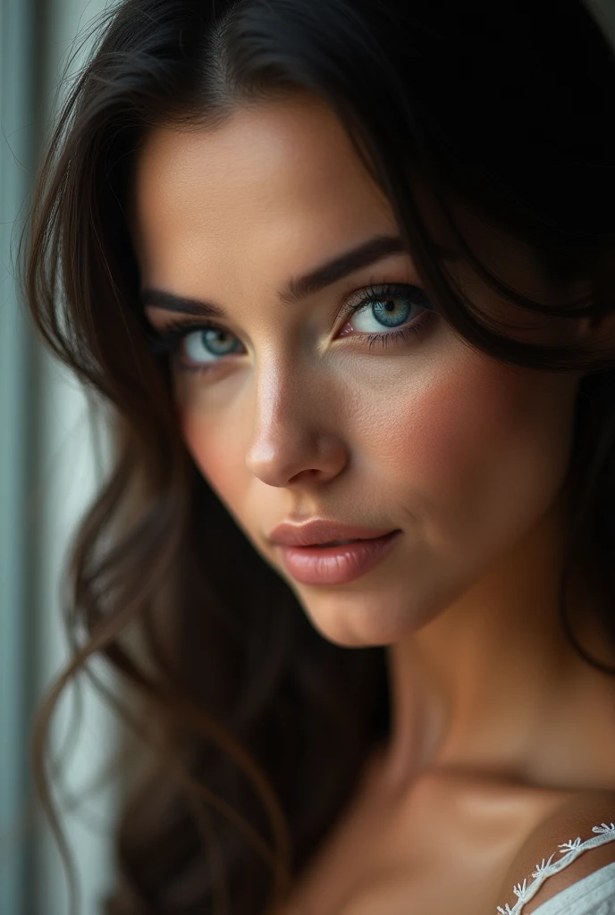 a beautiful, hot, italian women,wink,
seductive face blue eyes, ultrarealistic BLUE EYES,hyper detailed perfect eyes, photorealism, studio lighting, masterpiece, lange Wimpern, Elegante Pose, 20
