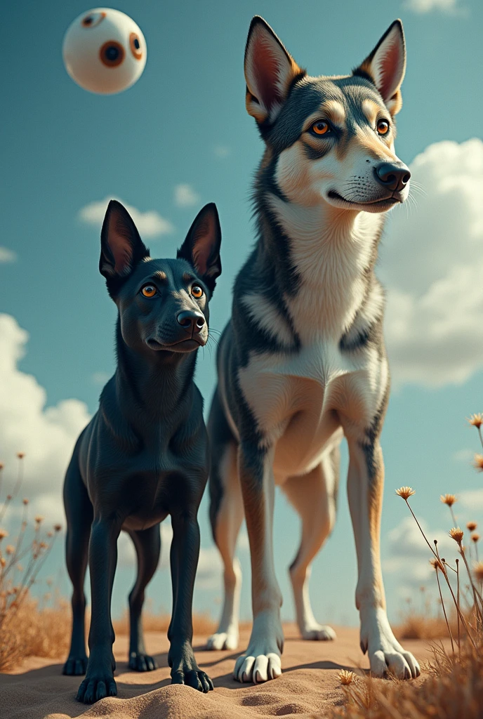 A black male dog with lots of dark brown eyes and a small one in the sky with a very big male wolf breed dog with black and white spots and brown eyes 