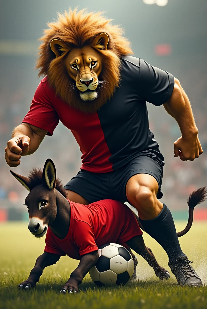 A lion wearing a black and red soccer jersey split in half vertically. The lion stomping on a donkey wearing a red jersey.