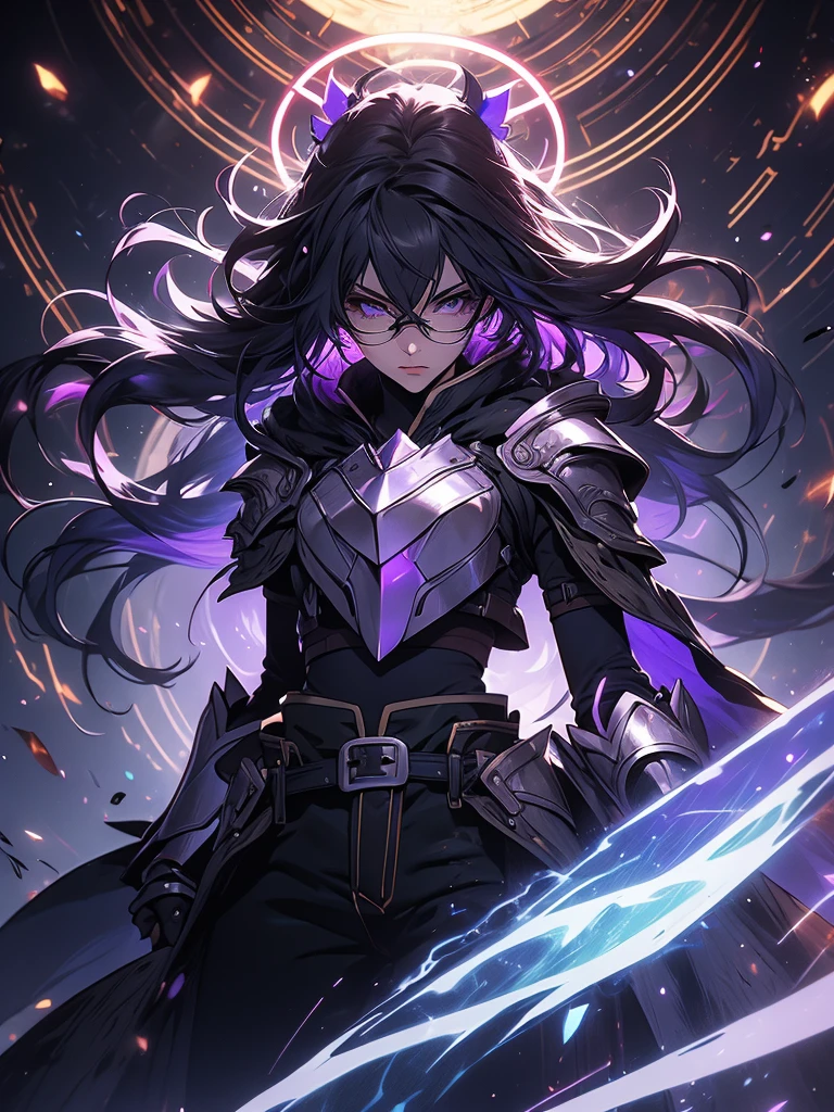 ((masterpiece)), ((an extremely delicate and beautiful)), (best quality), (ultra-detailed), (best illustration), (best illumination), photorealistic, 1boy, solo, long hair, lilac hair, wearing glasses, lilac eyes, black sclera, black armor, lilac armor, multicolored armor, hammer hero, crazy, metal halo behind, dark aura, obsession, glowing pupils, full body, floating in air, ruins scenery, dark sky, maniac. 