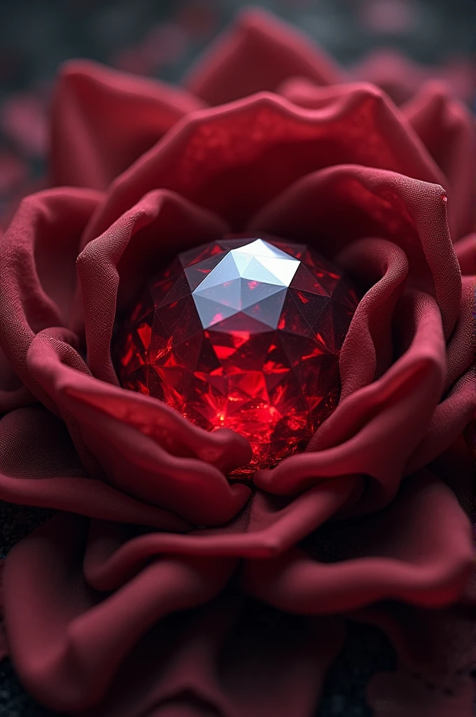 An ancient cursed object, Elegant dark lead colors like a ruby or blood red, with some fabrics surrounding as if it were a kind of flower snuggling that precious object 