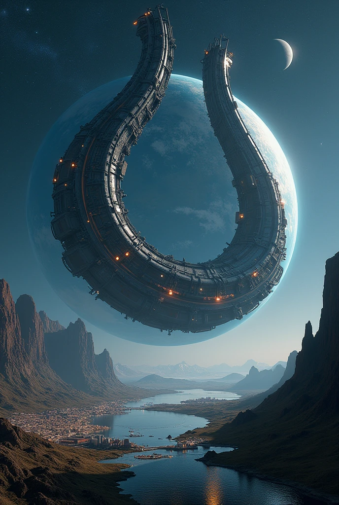 The distant future of planet Earth. size 1/4 all hook shaped super detailed alien object a giant space station flies. Flying over that part of the earth, where it is now night. It has all the same things, as on Earth - cities, nature, mountains & mares. It turns out to be the second floor of the planet. This station is fixed at the north and south poles of the planet by its edges. Detailed terrain. Detailed space