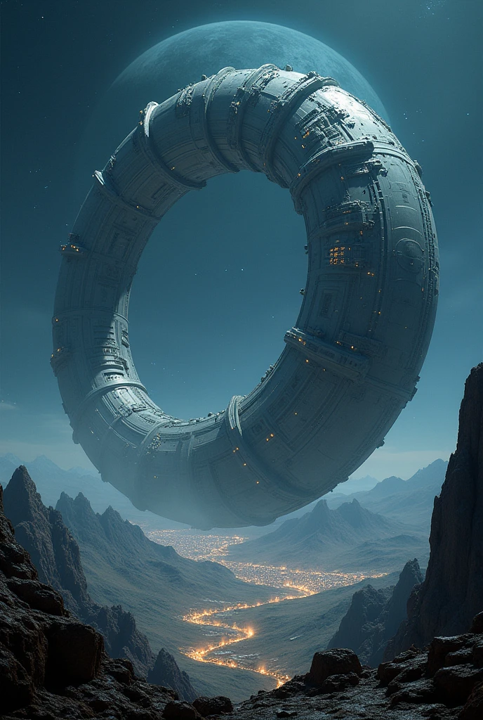 The distant future of planet Earth. size 1/4 all hook shaped super detailed alien object a giant space station flies. Flying over that part of the earth, where it is now night. It has all the same things, as on Earth - cities, nature, mountains & mares. It turns out to be the second floor of the planet. This station is fixed at the north and south poles of the planet by its edges. Detailed terrain. Detailed space