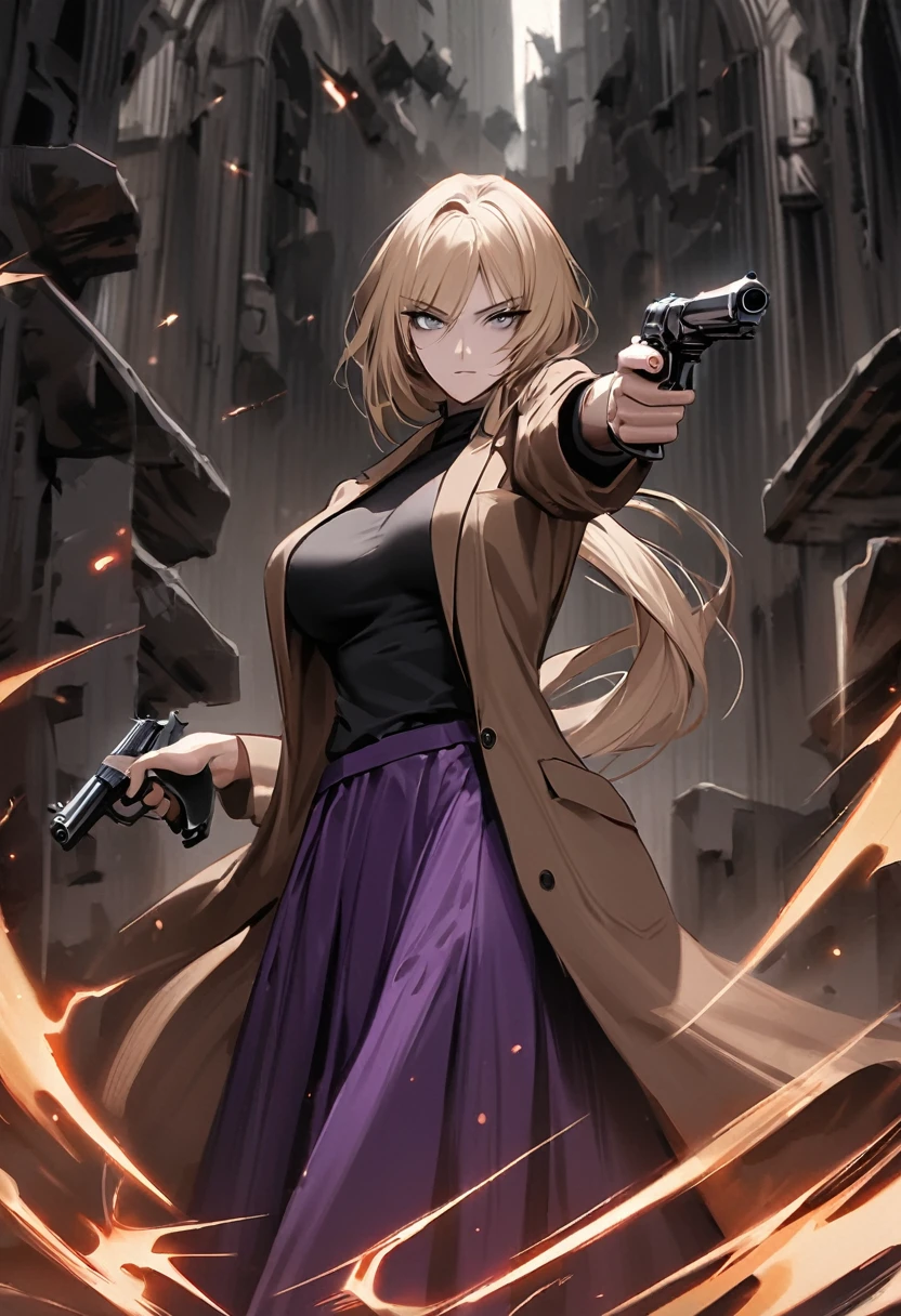 masterpiece), best quality, expressive eyes, perfect face, dark art, grey eyes, black sweater, long skirt, purple skirt, brown jacket, large breasts, bangs, blonde hair, karin funger, low ponytail, posing, posing with a pistol in her hand, aiming with her pistol, mauser pistol, epic composition, , holding gun, handgun, hand in pocket, aiming, holding weapon, determined face, determined eyes, pointing gun at you, pointing with gun, aiming gun at you
