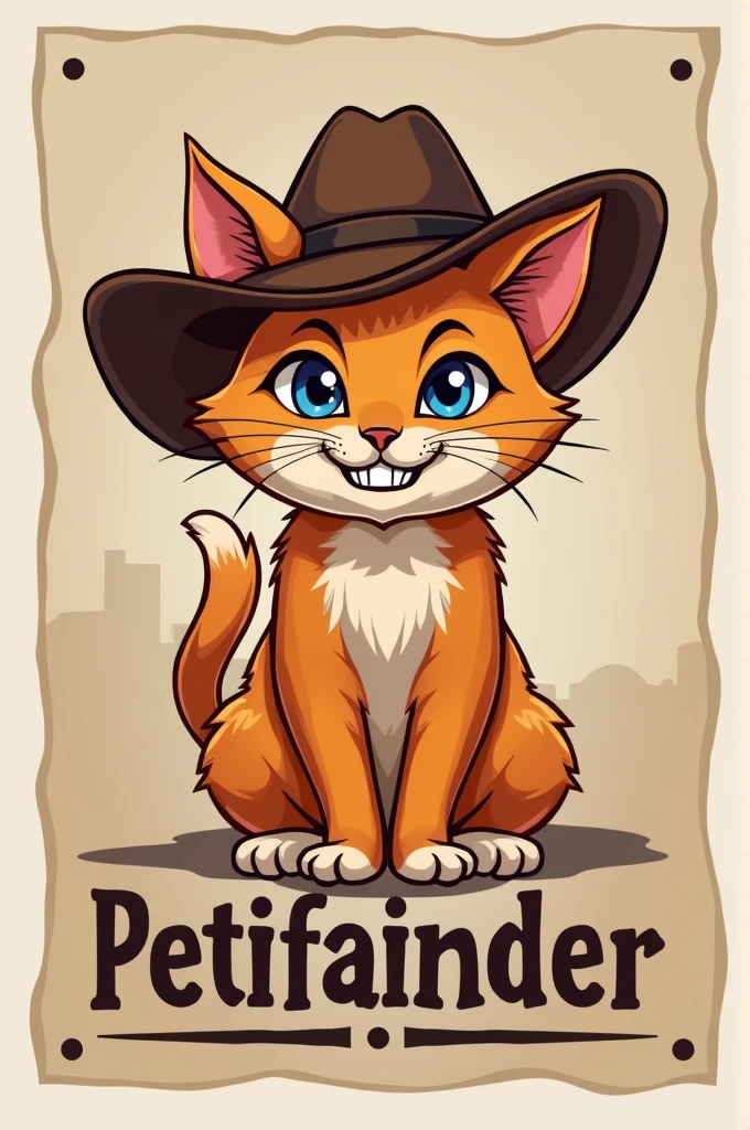 I would like a logo, based on the wanted catharses from american movies, but the wanted man is a cat with a mischievous face and a typical old west hat,app name petifainder