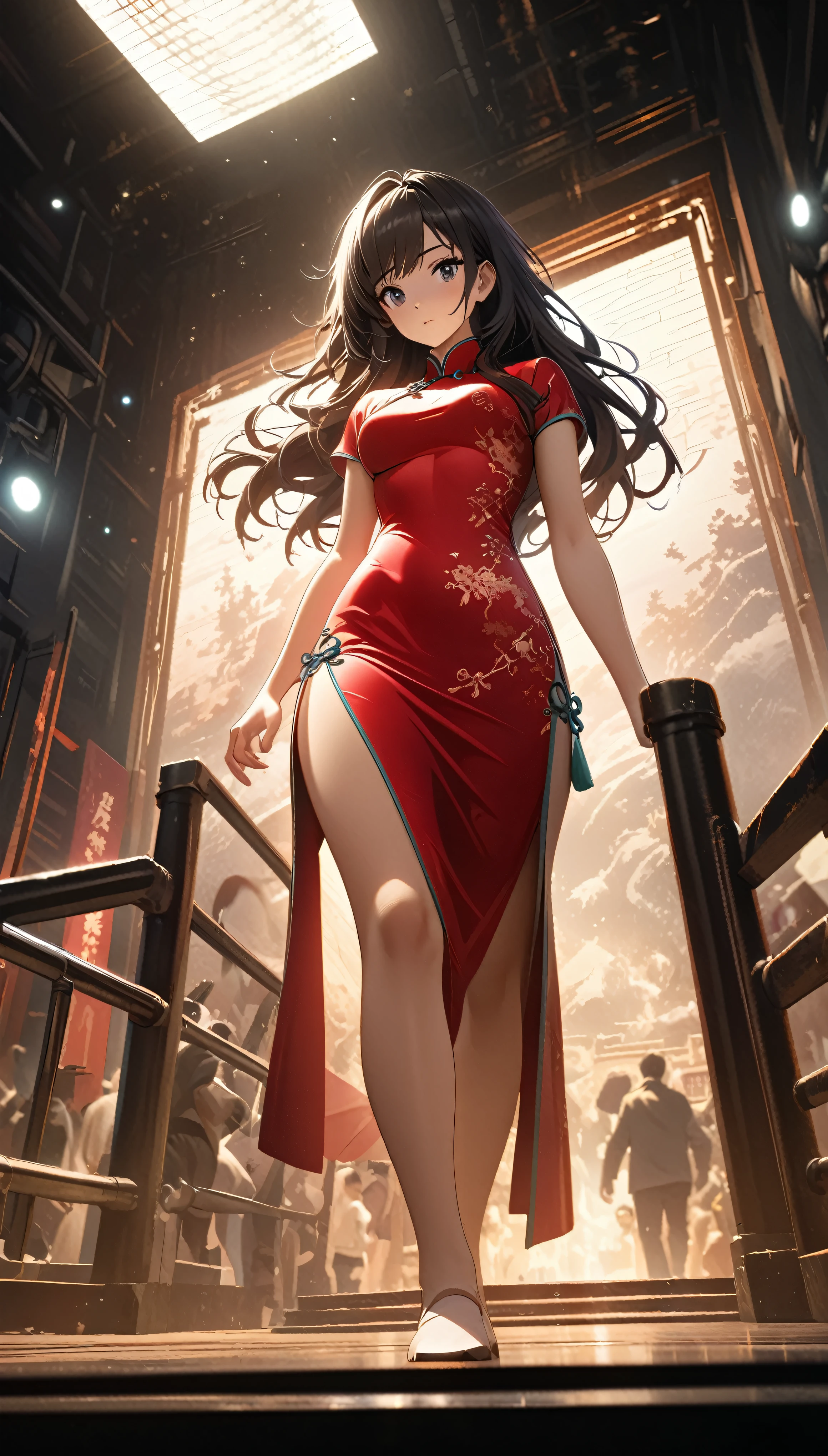 Cheongsam Girl,Long Hair,Pure white background,Depth of written boundary,Low angle view,Calf Level View,Overclocked Renderer,Cinema Lighting,Ultra-fine,Very detailed,complicated,Cinematic Perspective,CG Art,Side zipper