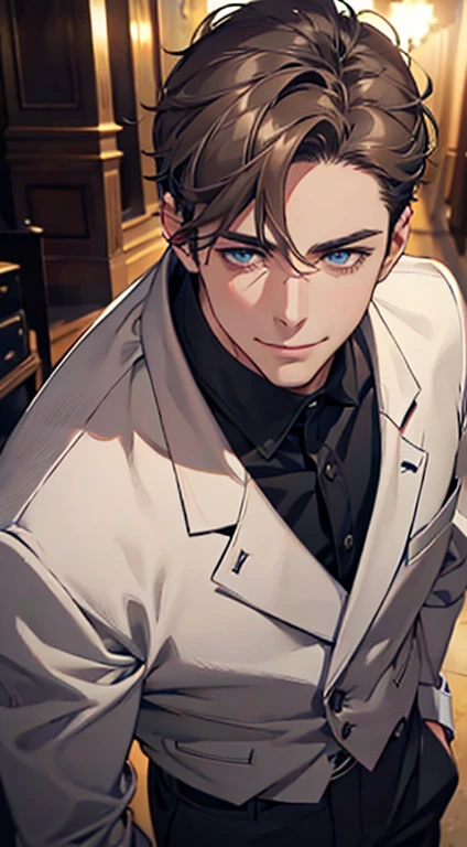 a mature man with short grey Brown hair, blue eyes, 34 years, and a perfect face, smiling in love, CEO, cinematic lighting, 1:4 HDR image, top view, ultra detailed, best quality, masterpiece, 8K, photorealistic, beautiful image
