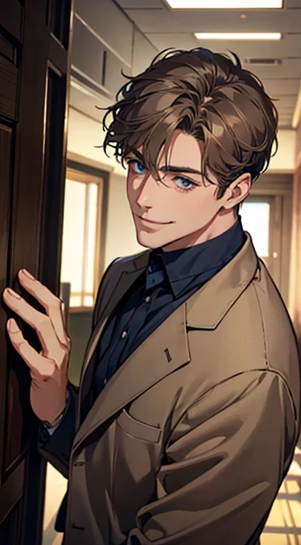a mature man with short grey Brown hair, blue eyes, 34 years, and a perfect face, smiling in love, CEO, cinematic lighting, 1:4 HDR image, top view, ultra detailed, best quality, masterpiece, 8K, photorealistic, beautiful image