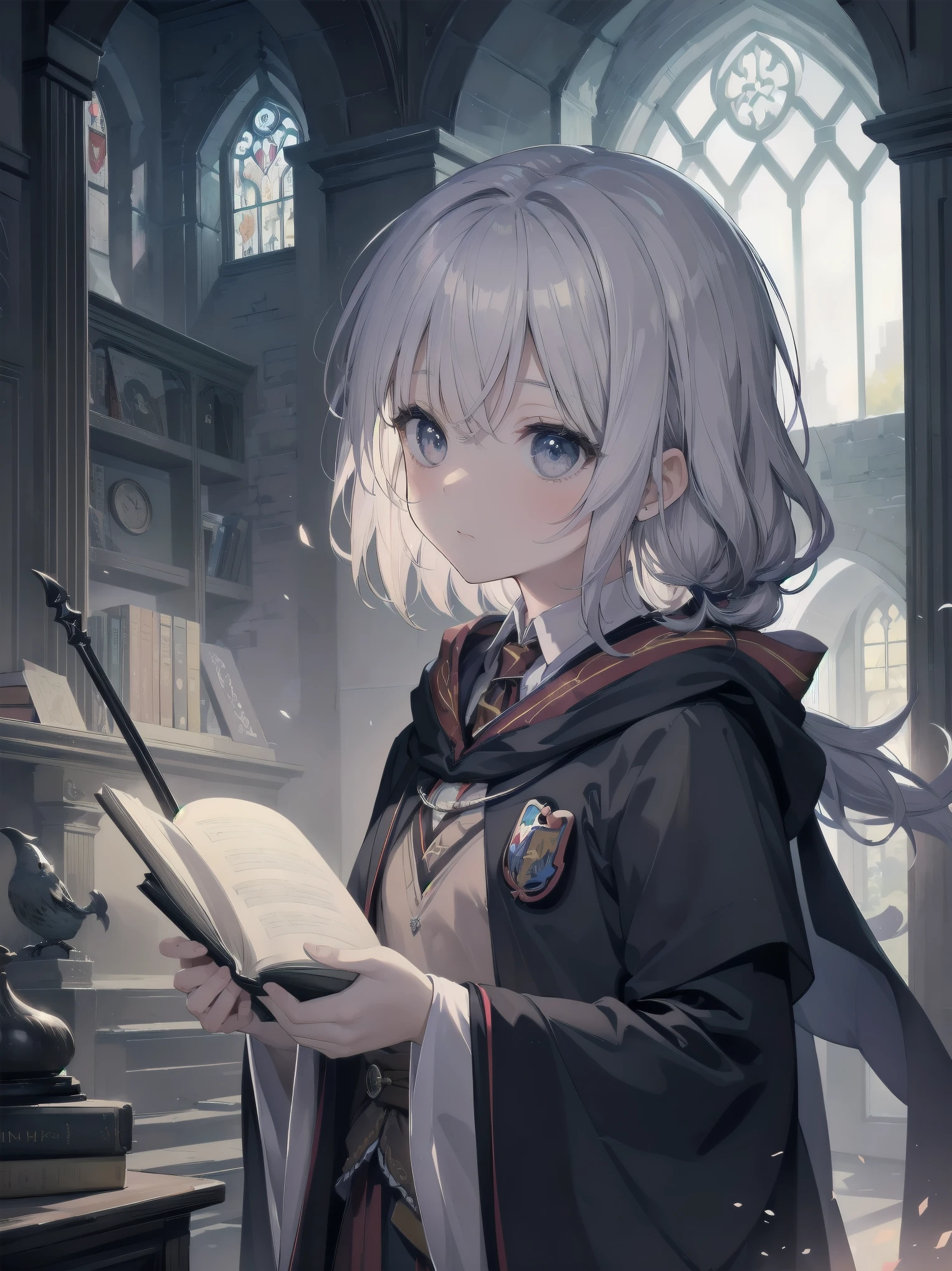 Masterpiece, Top Quality, Absurd, High Resolution, Subject Seismic, Animation Style Illustration with Mock Pause, 1 Girl, Solo, Cute random hairstyle, beautiful random expression and face, random age, slender, random clothing for situation,wizard robes, wand, magical castle, owl, spell book, (Hogwarts: 1.2), magic, wonder, (Harry Potter inspired: 1.3), mysterious atmosphere, details