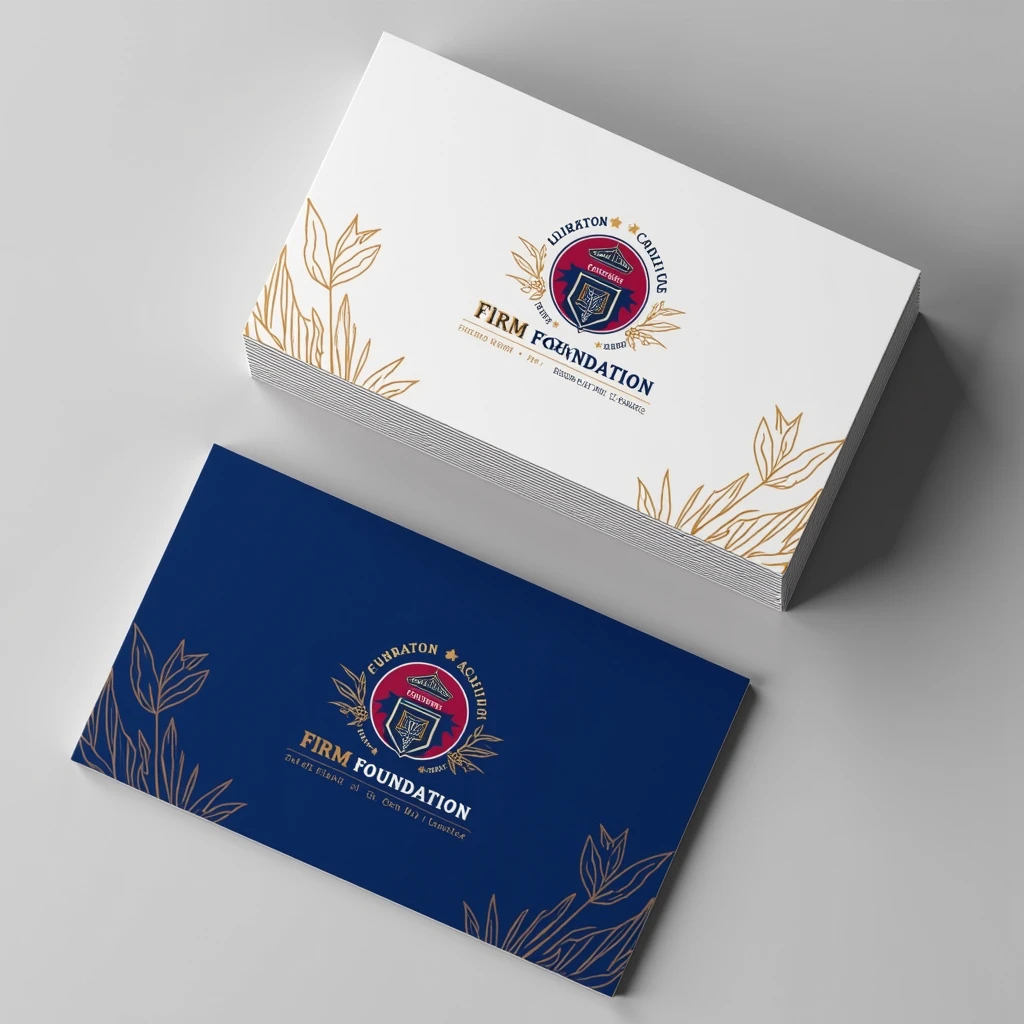 Design a business card for "Firm Foundation Academy," a college with the slogan "Diligent in Learning." The card should feature a logo that resembles a traditional school badge, incorporating elements like a shield, book, or torch to symbolize knowledge and learning. Use royal blue and red as the primary colors. The overall design should evoke a sense of professionalism and academic excellence.