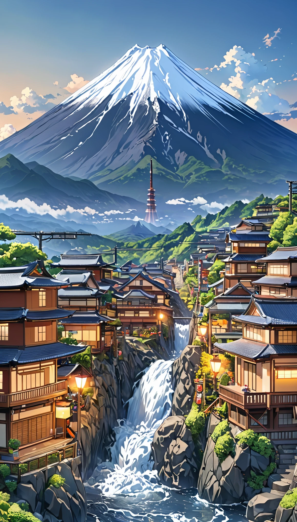 ((anime: 1.4, figure)), (masterpiece, Highest quality, Highest quality), (Very detailed, The absolute solution), ((16K, High resolution)) (anime Style),  (masterpiece, Highest quality, Highest quality), (Very detailed, The absolute solution), Mount Fuji in the background,A town spreading out at the foot of the mountain